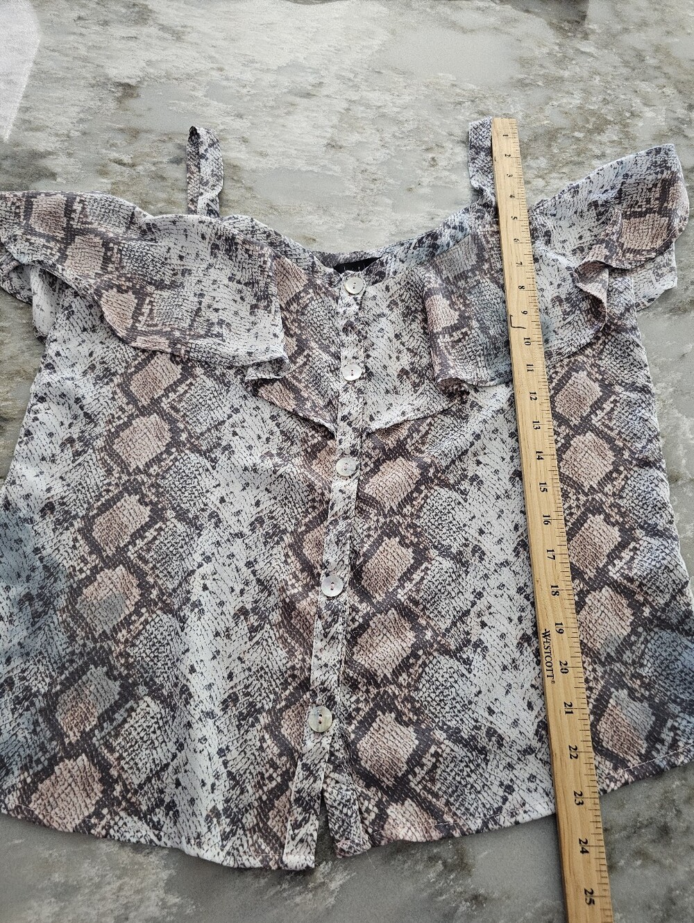 J For Justify Sheer Snake Print Cold Shoulder Ruffle Blouse Top Size M Python - Picture 6 of 6